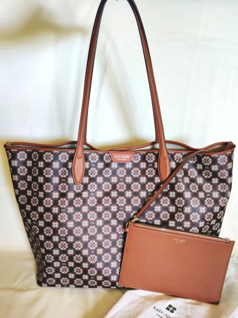Kate Spade Monogram Spade Flower Tote w/Pouch in Black Multi/Gingerbread, NWT